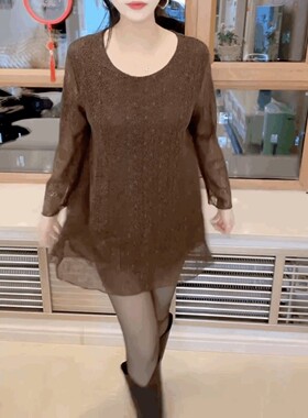 镂空中长款蕾丝圆领宽松连衣裙女
