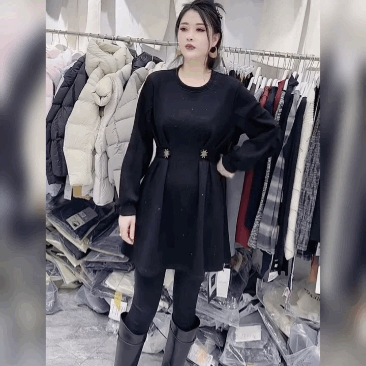 烫钻打底裙女法式赫本风小黑裙