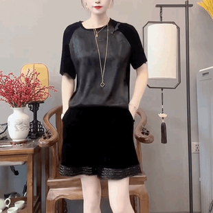 醋酸雪纺丝绒短袖 提花金丝绒黑色宽松上衣潮 t恤女复古国风新中式