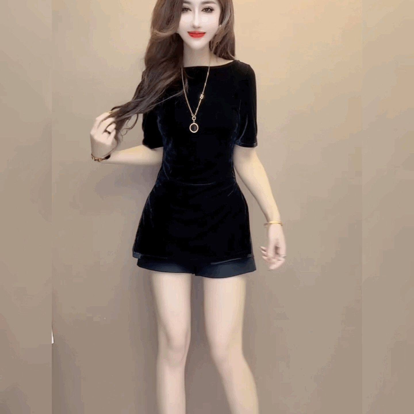 黑色丝绒短袖中长款T恤女半袖法式圆领上衣女简约修身显瘦打底衫
