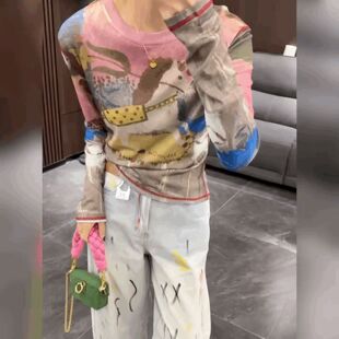 高级感晕染打底衫长袖蕾丝网纱t恤女设计感法式圆领修身粉色上衣