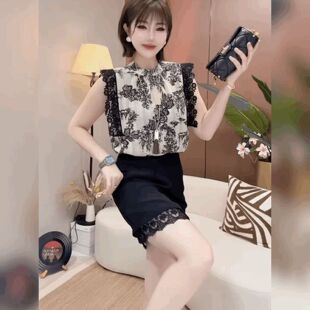 复古蕾丝花边雪纺背心女碎花衬衫潮轻奢圆领洋气小衫法式轻奢上衣
