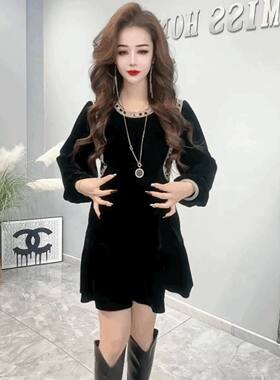 时尚名媛小香风丝绒连衣裙女