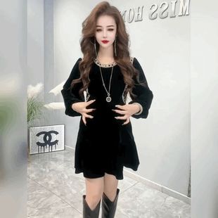时尚名媛小香风丝绒连衣裙女复古圆领宽松打底裙赫本风A字小黑裙