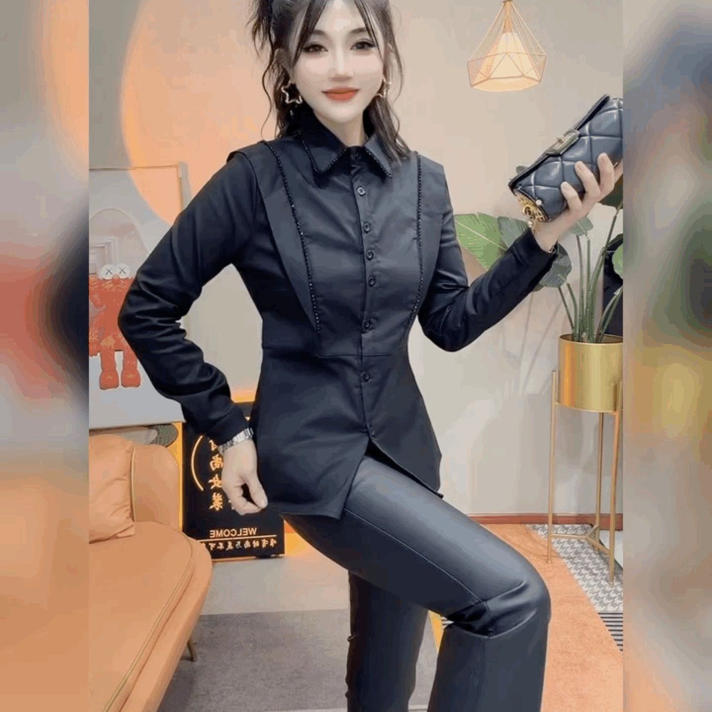 重工钉珠时尚百搭翻领长袖衬衫女