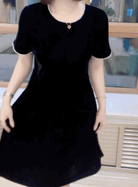 钉珠设计感金丝绒短袖连衣裙女