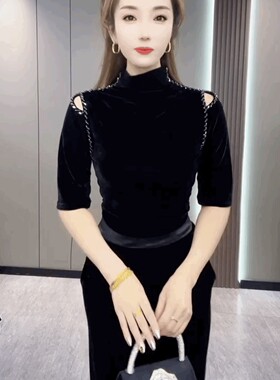 半高领时尚露肩T恤衫女