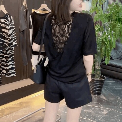 法式V领短袖美背T恤打底衫女
