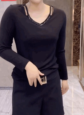 小心机挂脖串珠长袖T恤女