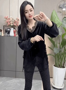 金丝绒V领T恤衬衫气质黑色