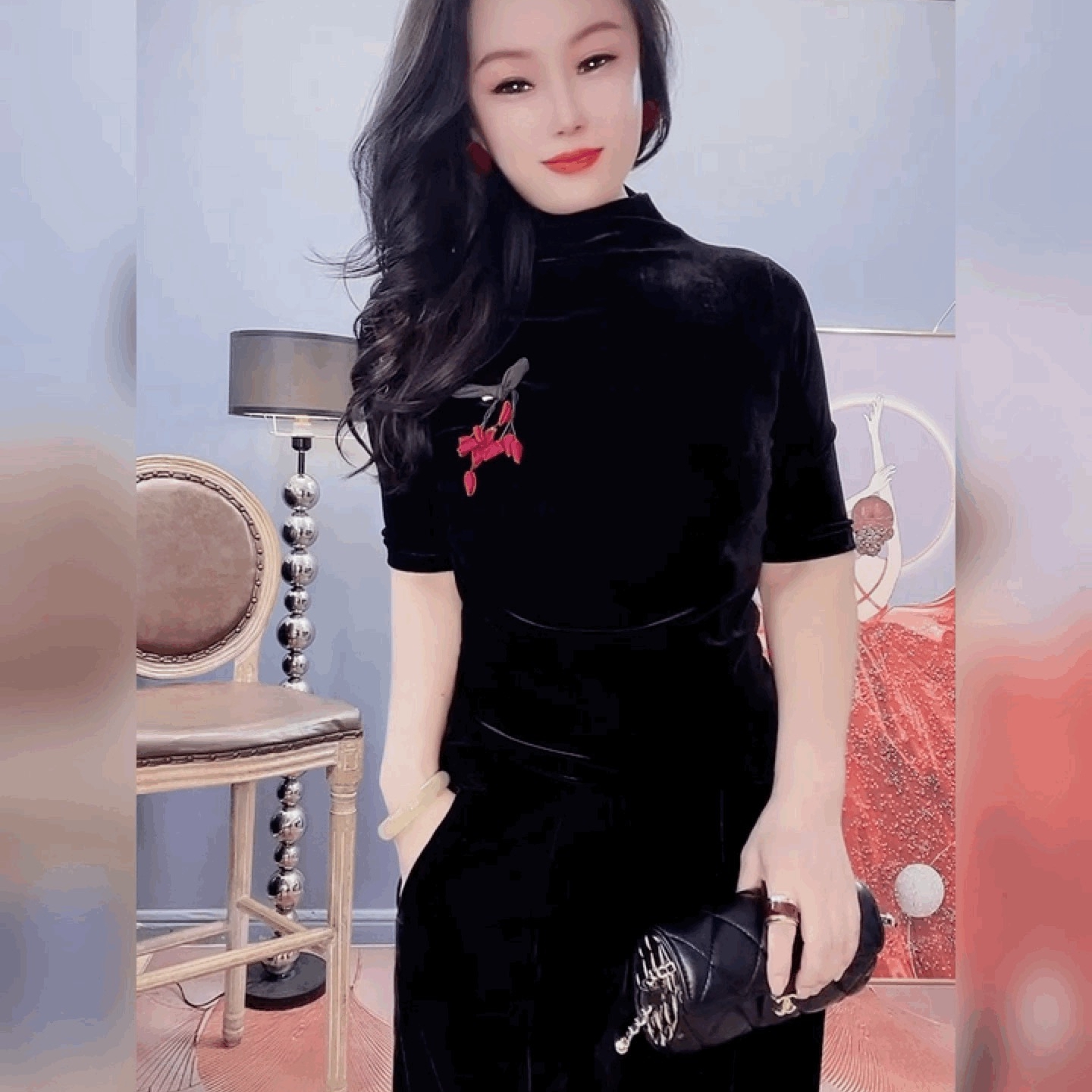 时尚金丝绒半袖T恤打底衫女
