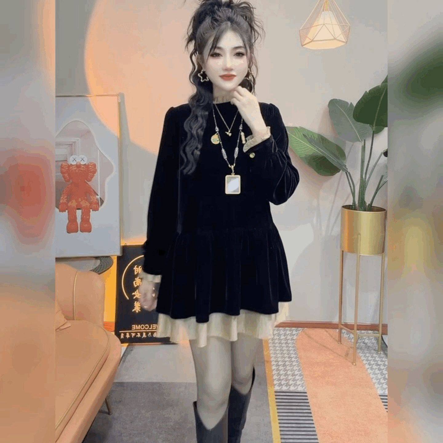 丝绒拼雪纺T恤衬衫女慵懒风大衫裙荷叶边黑色宽松遮臀中长款上衣