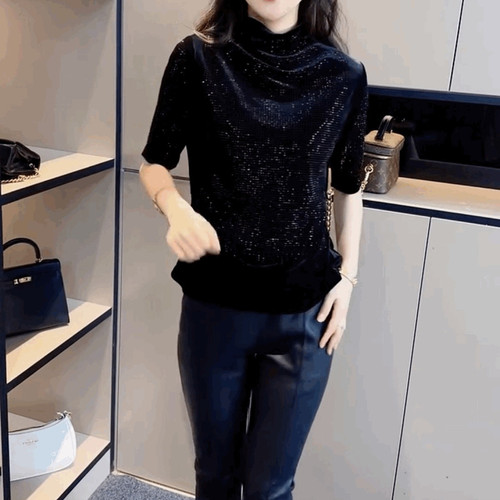 重工烫钻洋气高领丝绒短袖T恤女