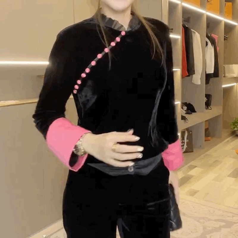 黑色金丝绒T恤宫廷风衬衫女中国风上衣丝绒立领复古t恤修身打底衫