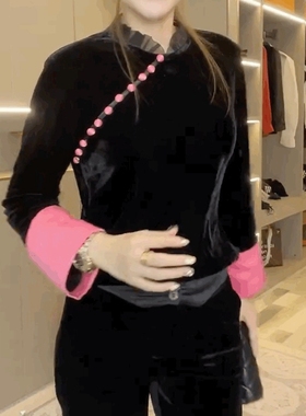 黑色金丝绒T恤宫廷风衬衫女中国风上衣丝绒立领复古t恤修身打底衫