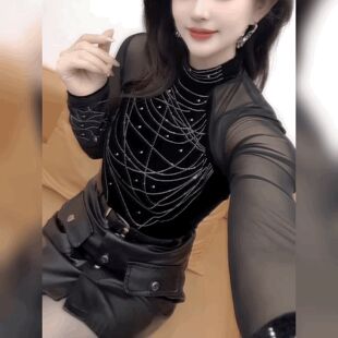 纯欲性感法式黑色上衣重工烫钻半高领打底衫金丝绒拼网纱长袖T恤