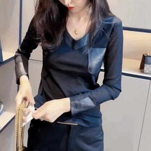 网纱修身 长袖 时尚 V领修身 内搭上衣 蕾丝拼PU皮t恤女黑色百搭打底衫