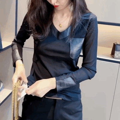 长袖V领修身蕾丝拼PU皮t恤女
