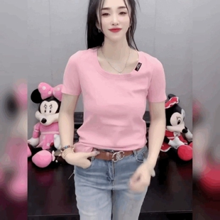 纯色打底衫 圆领短袖 显瘦上衣半袖 女简约百搭修身 潮 糖果色T恤小衫