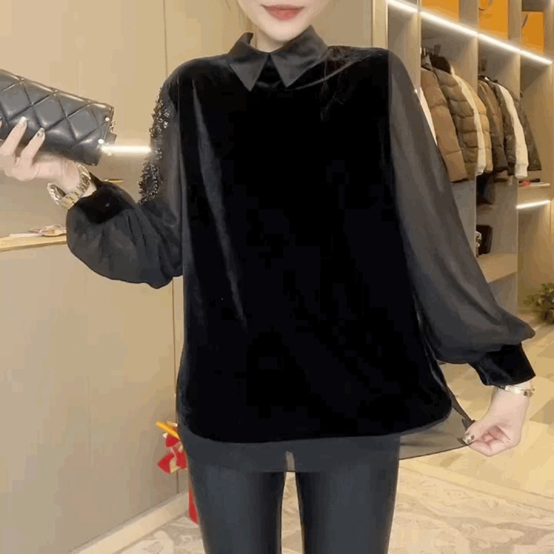 黑色丝绒拼雪纺假两件衬衫