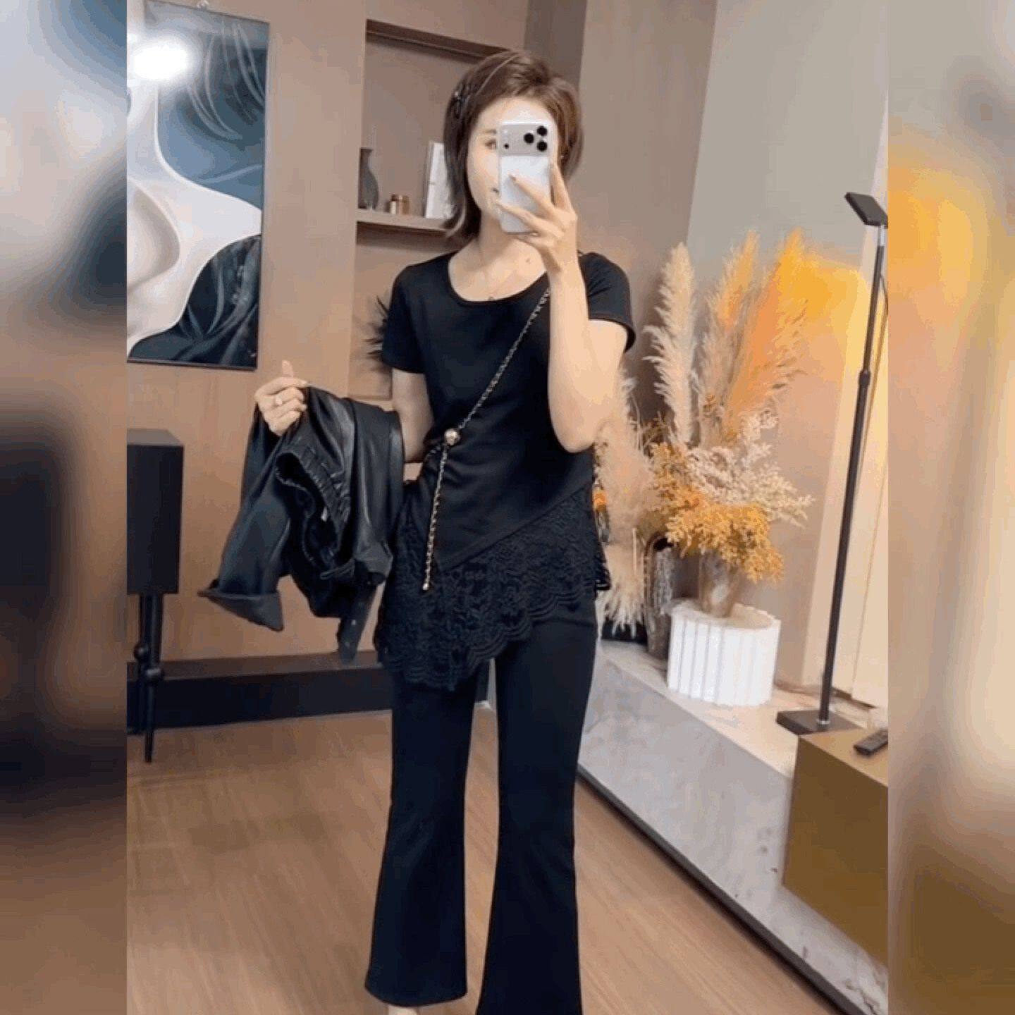 法式中长款别致上衣黑色蕾丝斜底边短袖T恤女时尚修身圆领打底衫