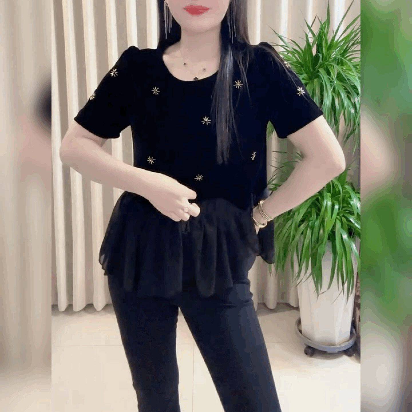 荷叶边短袖丝绒T恤女轻奢圆领雪纺拼接打底衫镶钻法式黑色上衣女