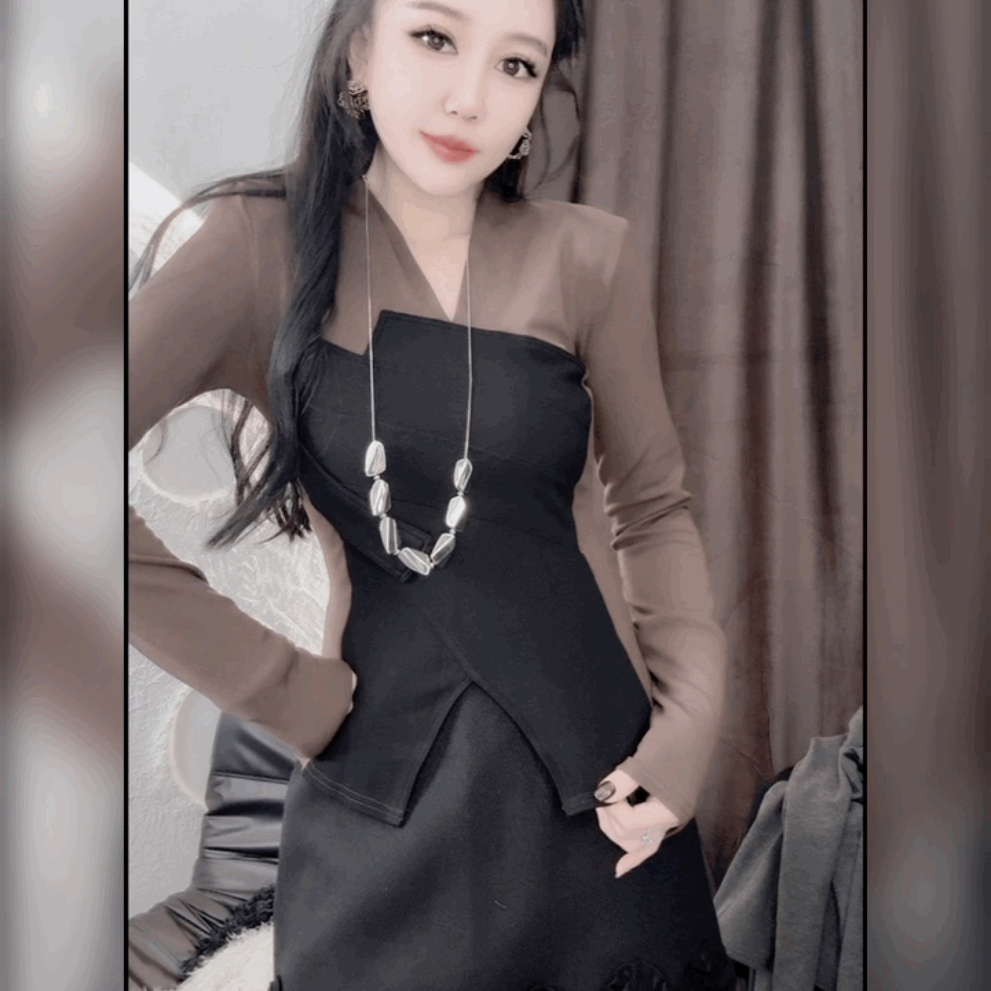 高级感法式黑色拼接上衣