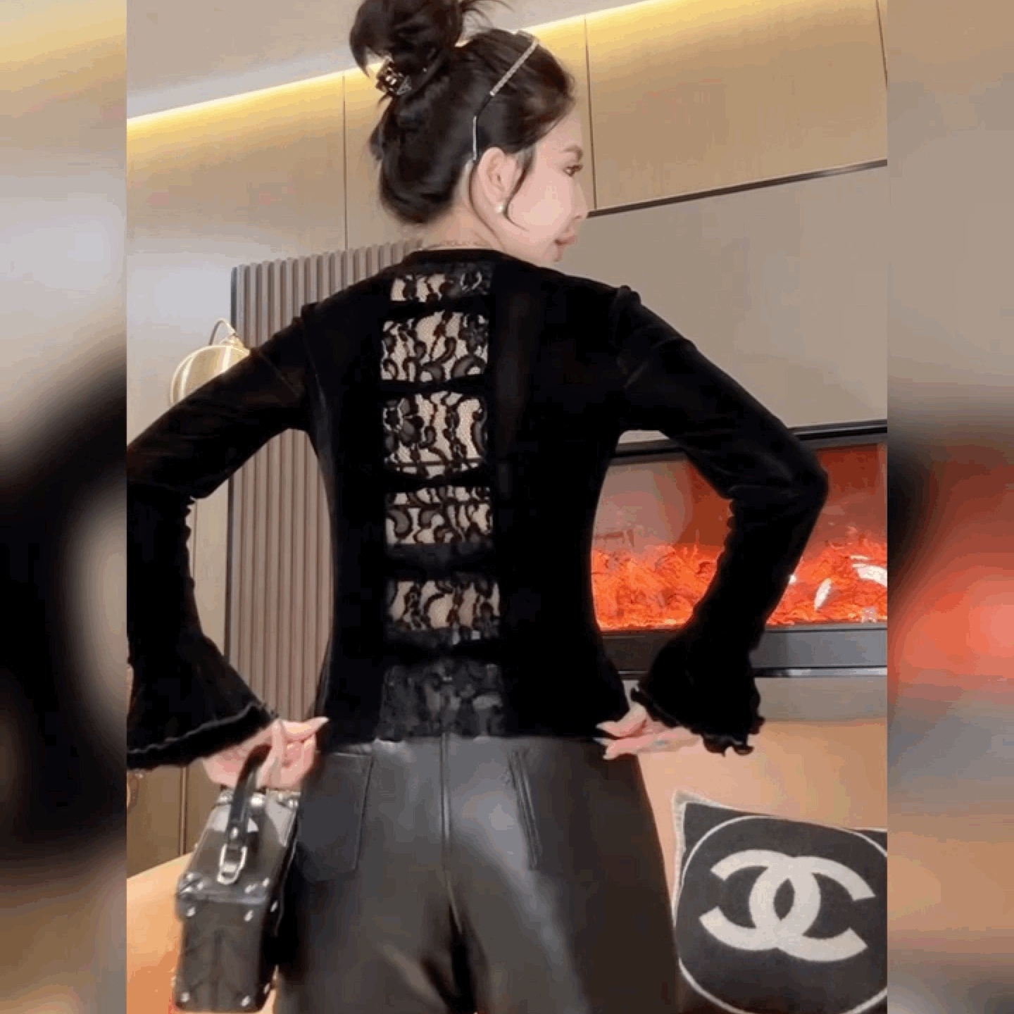 法式小心机蕾丝拼接镂空打底衫女
