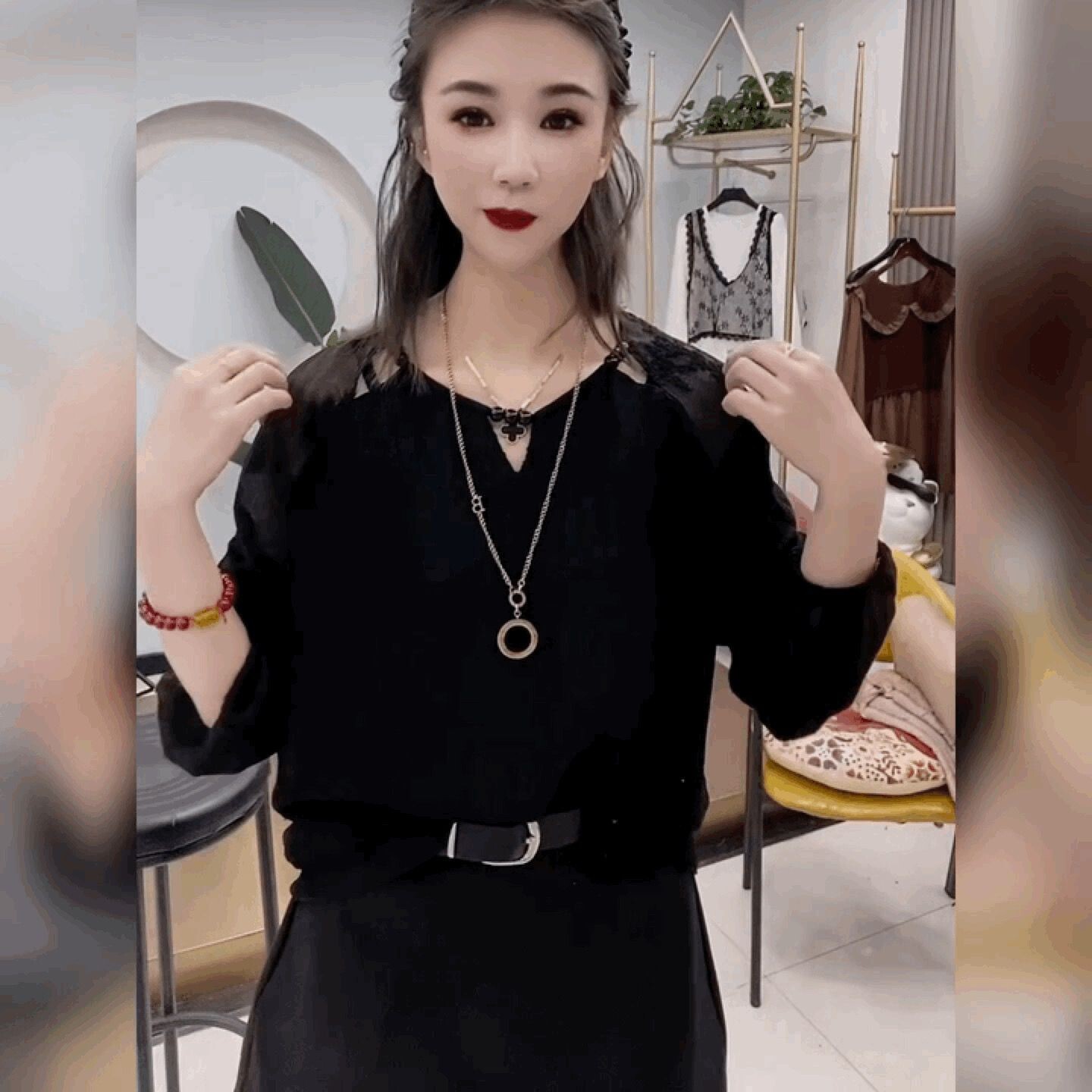 灯笼袖宽松串珠蕾丝雪纺T恤女圆领百搭打底衫高级感法式黑色上衣