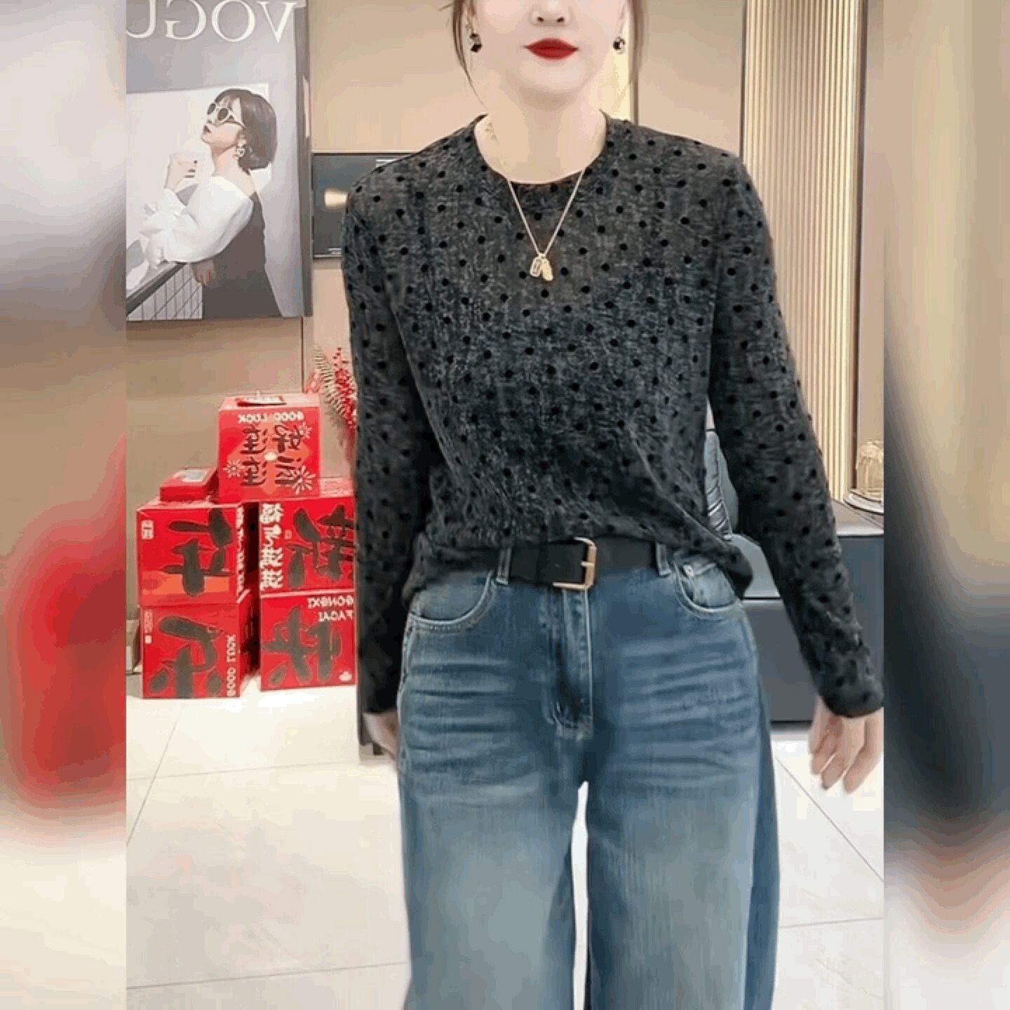 长袖时尚法式黑色上衣圆领波点植绒蕾丝网纱T恤女修身百搭打底衫