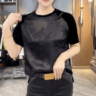 提花缎金丝绒上衣潮 复古国风新中式 醋酸雪纺拼丝绒短袖 t恤女新款