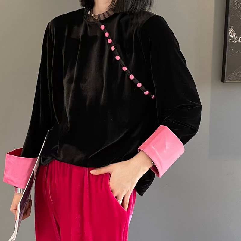 丝绒立领复古t恤宽松打底衫黑色金丝绒T恤宫廷风衬衫女中国风上衣