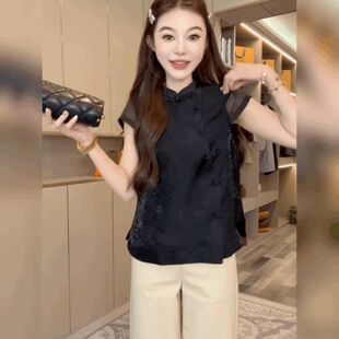 新中式时尚国风立领短袖衬衫女气质百搭黑色上衣雪纺T恤打底衫潮