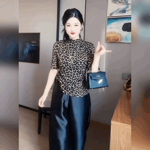 修身内搭蕾丝网纱弹力豹纹T恤衫