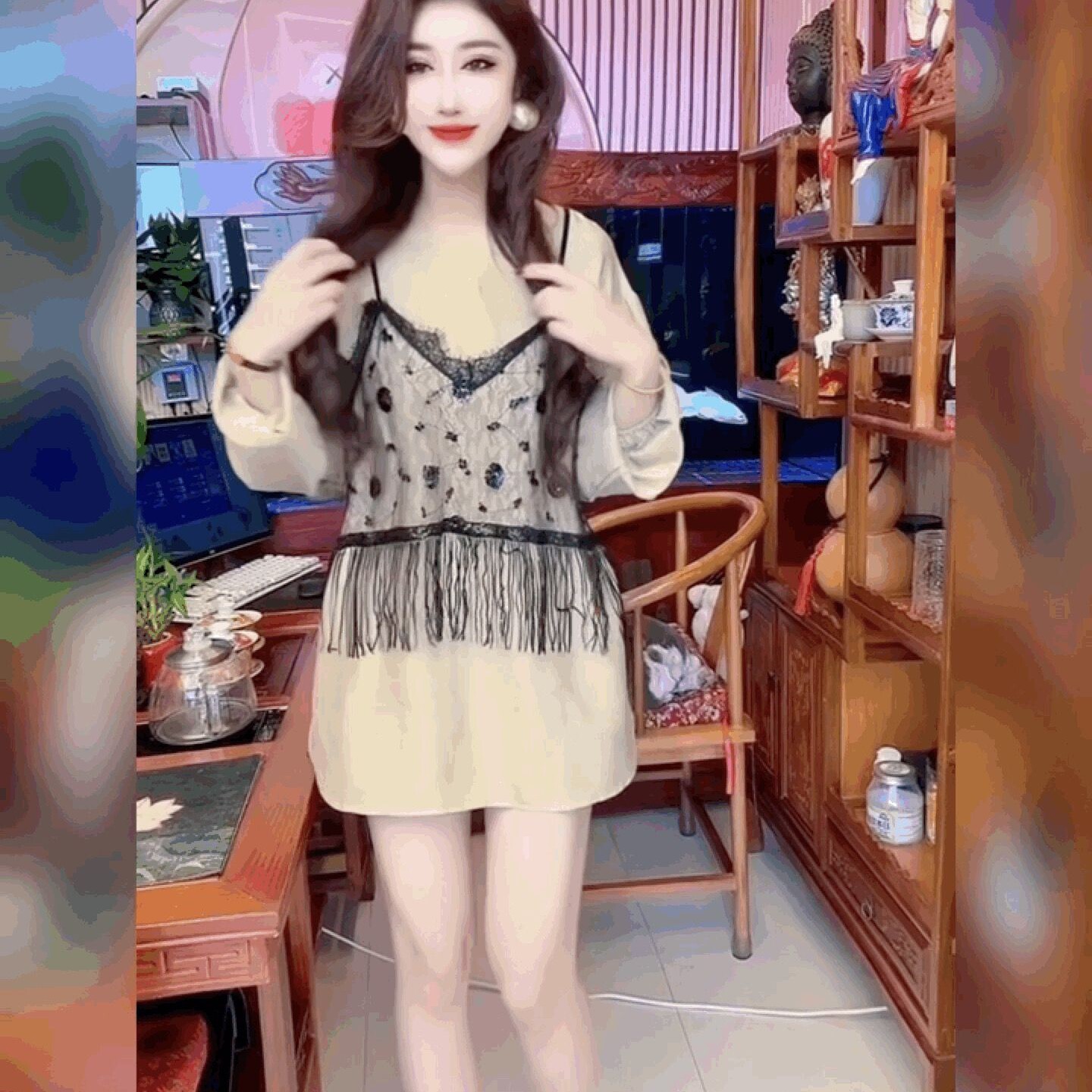 洋气中长宽松遮臀法式上衣圆领假两件蕾丝亮片流苏短袖T恤罩衫女