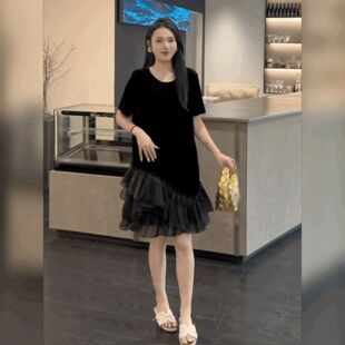 百褶鱼尾裙短袖宽松慵懒风小黑裙雪纺拼接丝绒法式赫本风连衣裙女