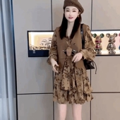 雪纺裙马夹套装 气质减龄长袖 港风时尚 碎花连衣裙马甲两件套女新款