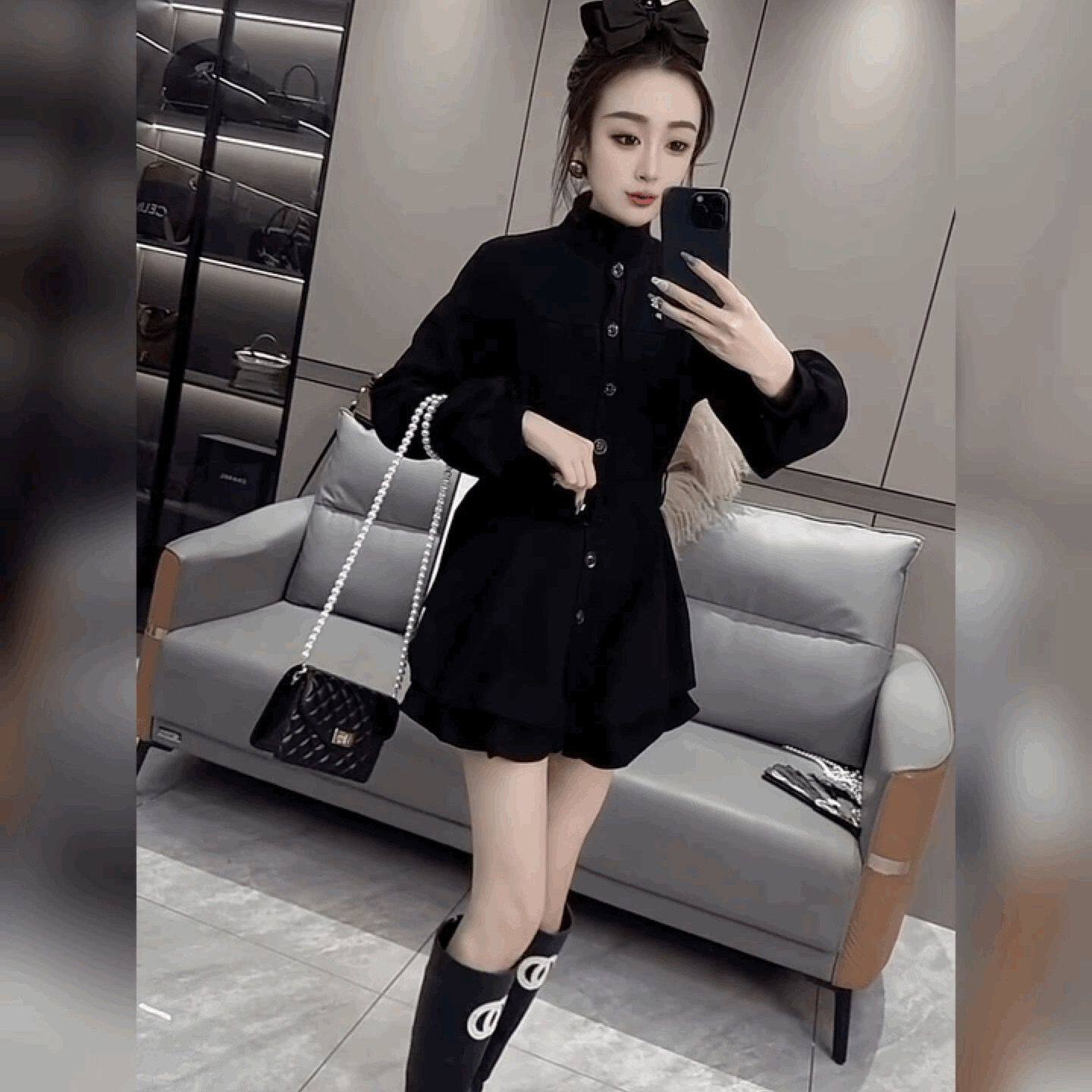 法式黑色收腰连衣裙女荷叶边小个子高级感短裙潮蓬蓬裙赫本风衣裙