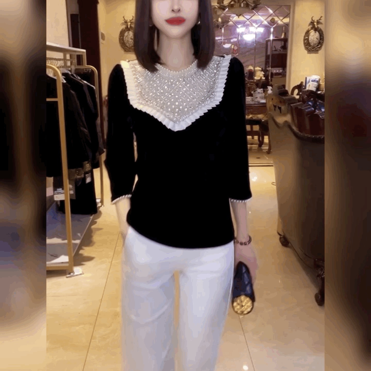 宫廷风重工钉珠丝绒T恤衫女气质修身金丝绒黑色上衣小香风打底衫