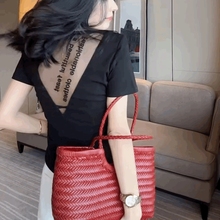 高级感法式短袖蕾丝美背T恤女独特露背修身打底衫显瘦V领黑色上衣