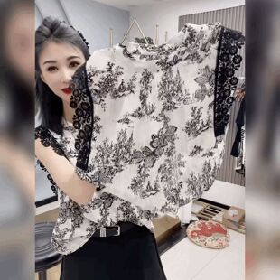 复古蕾丝边雪纺背心女碎花无袖衬衫轻奢圆领时尚小衫法式轻奢上衣