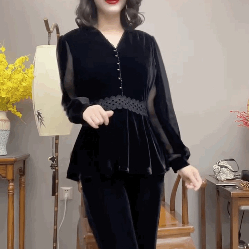 法式时尚丝绒T恤衬衫女