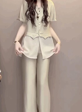 V领开衫中长款上衣直筒裤两件套
