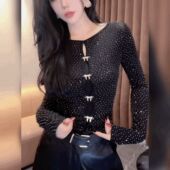 纯欲满天星重工烫钻打底衫 设计感气质两面穿长袖 上衣高领T恤法式