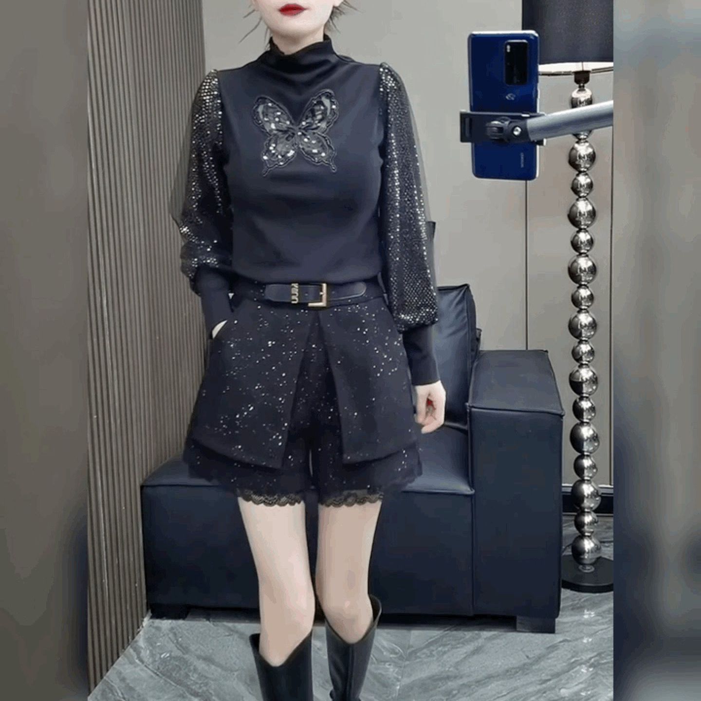 气质优雅设计感T恤女亮片打底衫