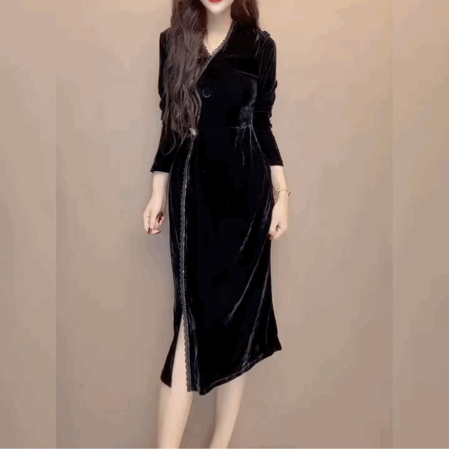 V领修身礼服丝绒连衣裙女