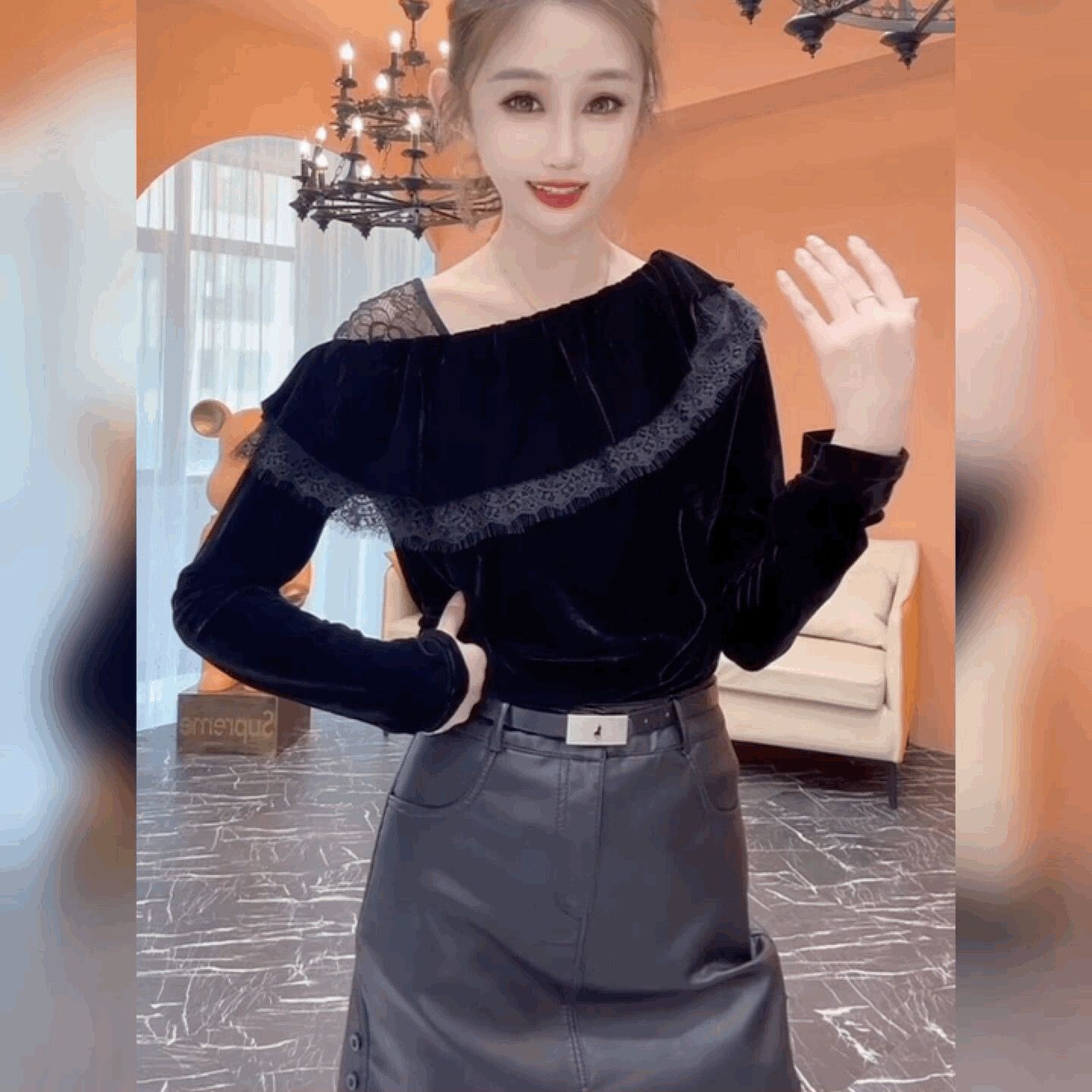 斗篷斜肩荷叶边蕾丝拼丝绒T恤女高级感洋气打底衫法式黑色上衣潮