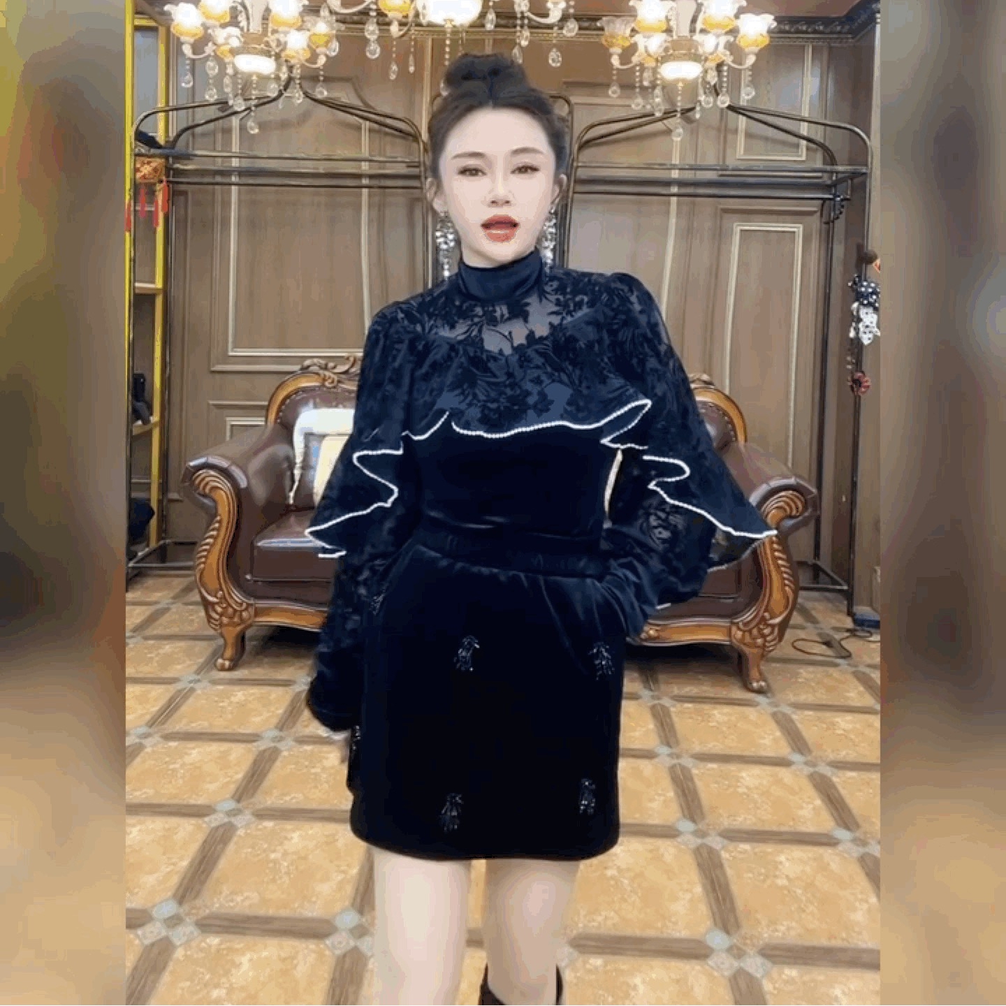 法式复古重工镶钻设计感长袖t恤