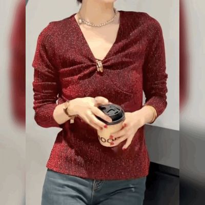 时尚设计感V领扭结T恤小衫女