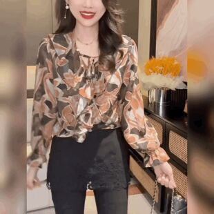 衬衫 复古碎花雪纺V领长袖 女 法式 小众独特宽松系带上衣荷叶边小衫